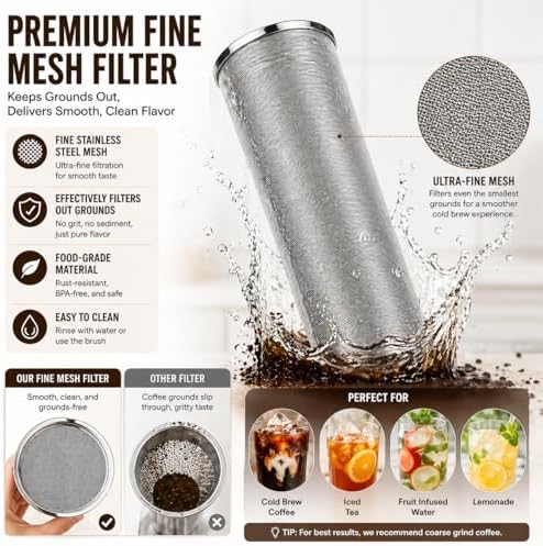 Cold Brew Coffee Maker Glass 64 Oz Mason Jar Pitcher With Stainless Steel Filter,Heavy Duty Glass Mason Pitcher With Spout Lid for Iced Coffee,Tea And Lemonade (Red Handle Cover,64 oz) - Image 3