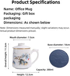 Dehua Porcelain Tea Mug with Lid and Infuser, 380ml Office Cup, Chinese Landscape Pattern, Gold Accents, Leather Coaster, Gift Box Set (Riding the Wave Style B) - Image 3