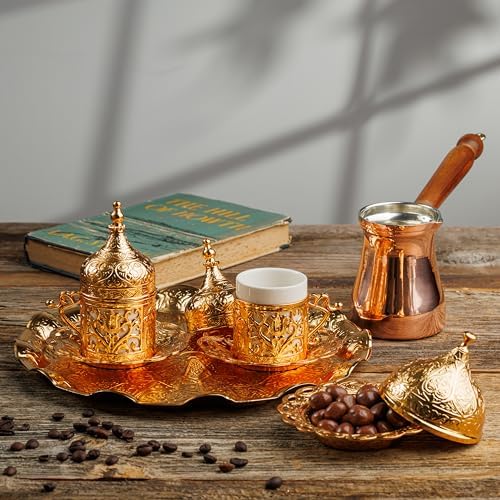 DEMMEX Turkish Greek Arabic Coffee Making and Serving Full Set with Cups Saucers Lids Sugar Bowl Tray and Copper Coffee Pot, 12 Pcs, Gold - Image 6