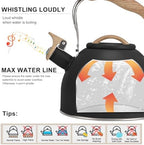 Tea Kettle, Vegoran 100 OZ / 3 Liter Whistling Tea Kettle, Tea Pots for Stove Top Food Grade Stainless Steel with Wood Pattern Folding Handle, Loud Whistle Kettle for Tea, Coffee, Milk (Black) - Image 2