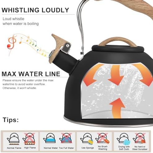 Tea Kettle, Vegoran 100 OZ / 3 Liter Whistling Tea Kettle, Tea Pots for Stove Top Food Grade Stainless Steel with Wood Pattern Folding Handle, Loud Whistle Kettle for Tea, Coffee, Milk (Black) - Image 2