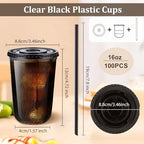 tchrules 100 Set 16oz Black Plastic Disposable Cups with Lids and Straws - Image 2