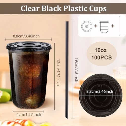 tchrules 100 Set 16oz Black Plastic Disposable Cups with Lids and Straws - Image 2