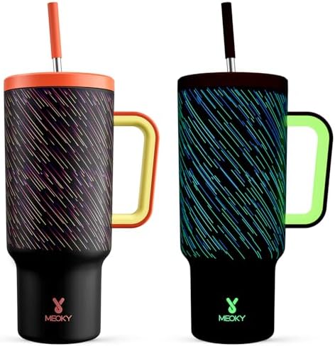 Meoky Glow in the Dark Tumbler: 40 oz Tumbler with Handle and Straw- Stainless Steel Insulated Tumbler for Car Cup Holders - Travelers Commuters Workers (1 Pack, Shooting Star) by MEOKY