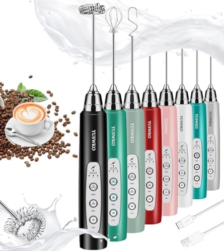 YUSWKO Milk Frother Handheld with 3 Heads, Electric Whisk Drink Foam Mixer with USB Rechargeable 3 Speeds, Mini Frother for Coffee Latte, Cappuccino, Hot Chocolate, Egg by YUSWKO