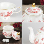 fanquare 22 Piece Vintage Red Floral Porcelain Tea Set with Holder - Image 2