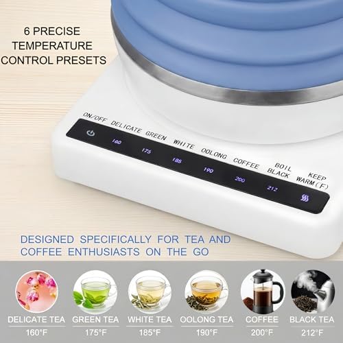 Collapsible Travel Tea Kettle with Temperature Control, Portable Electric Tea Kettle, Collapsible Water Kettle with Detachable Base, BPA-Free Silicone, Keep Warm & Auto Shut-Off, 555ml 110V Blue - Image 3