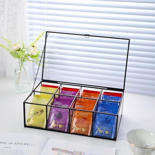 REDHUGO Glass Tea Bag Organizer, 8-Compartment Tea Storage Box, Black - Image 4