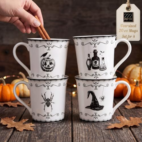 222 Fifth Elegant Haunting 4-Piece White Porcelain Halloween Mug Set - Witch Hat, Jack-o’-Lantern, Potion Bottles & Spider - 20.29 oz, Large Capacity Coffee Cups, Dishwasher & Microwave Safe by 222Fifth