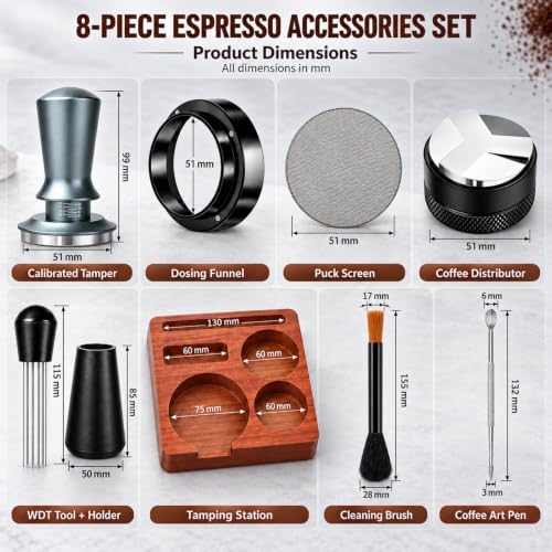 51mm Espresso Accessories Kit, 8PCS Coffee Tamper Set with Wooden Station, WDT Tool, Distributor, Puck Screen, Dosing Funnel, Brush & Latte Art Pen Complete for 51mm Portafilter Home Barista - Image 2