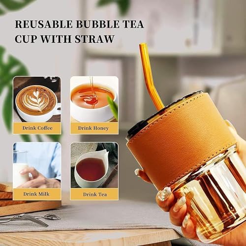 Glass Tumbler with Straw & Leather Sleeve – Reusable, Thick Borosilicate Glass Coffee Cup with Handle Grip | 400ml Iced Coffee Mug | with extra steel straw and straw cleaning brush - Image 5