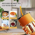 Glass Tumbler with Straw & Leather Sleeve – Reusable, Thick Borosilicate Glass Coffee Cup with Handle Grip | 400ml Iced Coffee Mug | with extra steel straw and straw cleaning brush - Image 5