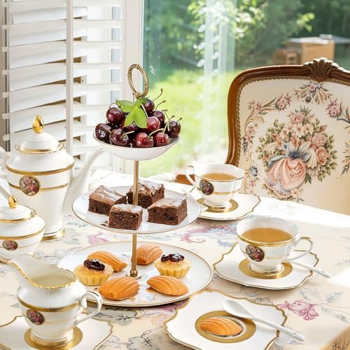 Luxury White & Gold Embossed Tea Cups and Saucers with Teapot, Sugar Bowl, & &Creamer, Vintage European Porcelain Coffee Set for Tea Party, Wedding, Gift (Gole & Rose, 17pcs/set) by Unknown