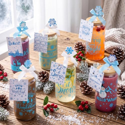 Vesici 6 Set Christmas Glasses Cups 16 oz Winter Drink Cup with Lid Straw and Stopper Can Shaped Beer Tumbler Xmas Appreciation Gifts with Cards and Bow for Women Birthday Party Favor(Wonderland) - Image 2