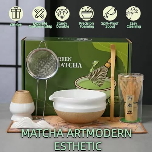 Matcha Whisk Set,7-Piece Ceramic Matcha Bowl & Bamboo Whisk Kit with Spout, Sifter, Scoop,Holder,Rest & Towel for Traditional Japanese Tea Ceremony,Ideal Gift for Matcha Lovers (White) - Image 2
