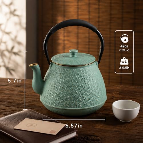 Cast Iron Teapot with Infuser, 42 oz (1250 ml) Large Japanese Tea Pot for Loose Leaf Tea, Enamel Interior, Stovetop Safe, Heat Retaining Design for Family & Friends Sharing, Green - Image 5
