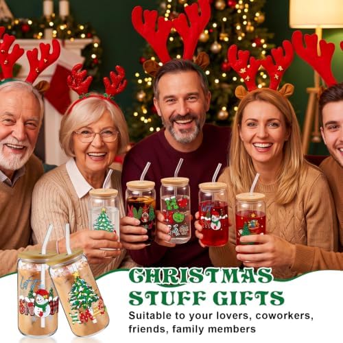 6 Pcs Christmas Glass Cups with Lids and Straws Snowman Christmas Tree Gnome Blessed Tumbler 16 oz Xmas Reusable Can Shaped Drinking Glasses Bulk for Winter Gifts Party Supplies - Image 6