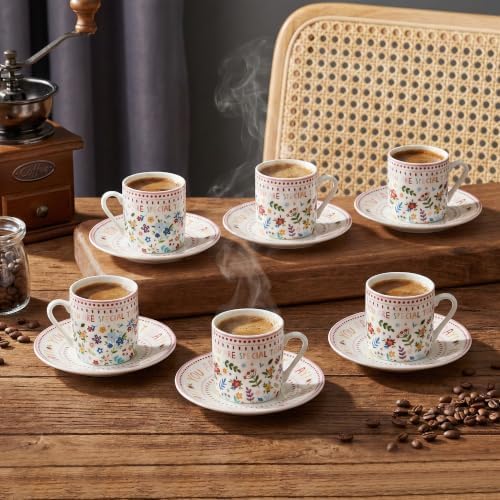 Floral Espresso Cups & Saucers Set of 6, 3oz Small Coffee Mugs, Ceramic Demitasse Cup for Tea, Latte, Espresso Shot Cup for Espresso Machine & Coffee Maker, Women Gifts for Mother's Day, Birthday - Image 7