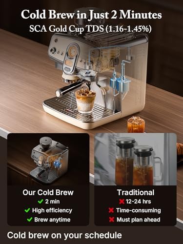 Espresso Machine with Grinder& Milk Frother | Instant Espresso-to-Cold Brew – Dual Pump | Auto Tamping & 58mm | 20Bar | PID | 35 Settings | 3-Hole Steam Wands | For Home & Café - Image 4