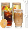 4 Pack Glass Cups with Lids and Straws, 16oz Ribbed Drinking Glasses Tumblers Durable Drinkware Water Glasses Cup Ideal Gift for Home, Kitchen, Office by Salpae