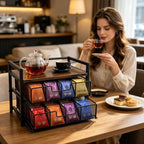 Double Drawer Tea Bag Organizer, 16-Compartment Wooden Tea Box - Image 6