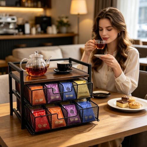 Double Drawer Tea Bag Organizer, 16-Compartment Wooden Tea Box - Image 6