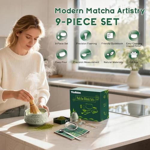 Matcha Whisk Set, 9 Pcs Matcha Set Kit for Ceremony Includes Ceramic Matcha Bowl, Holder, Bamboo Whisk & Scoop, Measuring Spoon, Scoop Rest, Sifter, Tea Towel, Handbook - Ideal Gift for All Ages - Image 2