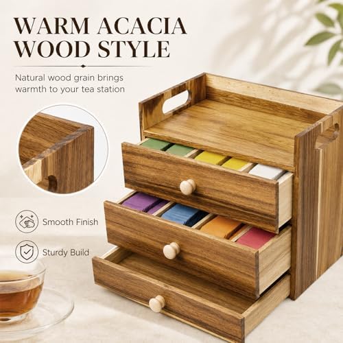 Acacia Wood Tea Bag Organizer, 3-Tier Tea Organizers with 14 Compartments - Image 5