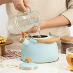 Whistling Stainless Steel Diamond Pattern Tea Kettle with Wood Grain Anti Heat Handle, Stainless Steel Cover Wood Grain Nylon Cover Top Tea Pot (Green) - Image 6
