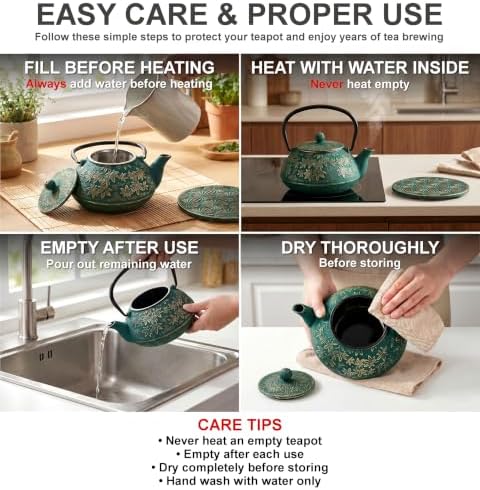 40 Oz Green Maple Leaf Cast Iron Teapot, Enamel Interior, Infuser & Trivet - Image 6