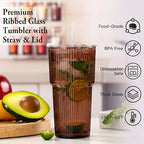 6PCS Brown Ribbed Glass Cups with Lids and Straws, 20oz Brown Vintage Drinking Glasses, Aesthetic Iced Coffee Cups, Glass Tumbler for Boba, Beer, Tea, Cocktails, Venus Ribbed Glassware Set (Venus-6) - Image 2