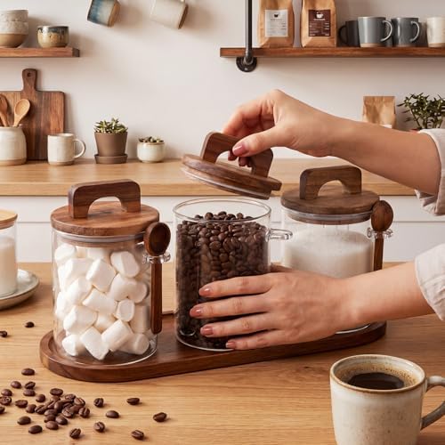 Domensi 3 Set Glass Coffee and Sugar Container Set with Acacia Wood Airtight Wooden Lids, Spoons and Wood Tray, 27 oz Clear Glass Food Storage Jars for Sugar Bean Candy Spice Coffee Bar Accessories - Image 2