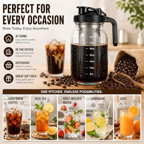 Cold Brew Coffee Maker Glass 64 Oz Mason Jar Pitcher With Stainless Steel Filter,Heavy Duty Glass Mason Pitcher With Spout Lid for Iced Coffee,Tea And Lemonade (Red Handle Cover,64 oz) - Image 5