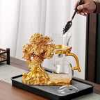 Zurucily Semi Automatic Teapot Set, Glass Teapot Set with Strainer Kungfu Tea Sets (Golden tree-b) - Image 3