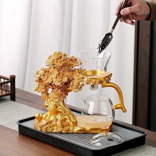 Zurucily Semi Automatic Teapot Set, Glass Teapot Set with Strainer Kungfu Tea Sets (Golden tree-b) - Image 3