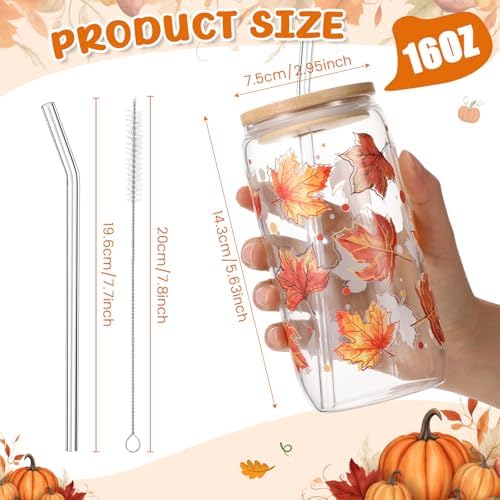 6 Pack Fall Maples Glass Cups with Lids and Straws 16oz - Image 3