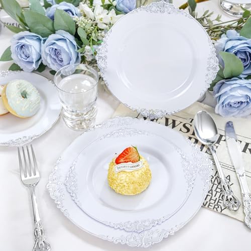 YOUBET 700PCS White and Silver Plastic Dinnerware Set for Wedding Party - Image 6