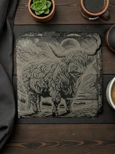 Slate Coasters Set of 4, Highland Cow Laser-Engraved Stone Coasters, 4x4 Inch Natural Black Slate Drink Coasters, Farmhouse Rustic Decor - Image 4
