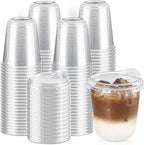 12 oz Round Bottom Clear Plastic Cups with Strawless Sip Lids, 100 Pack by Qeirudu