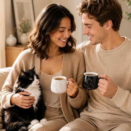 6 oz Ceramic Espresso Cups Set of 2 with Saucers Cat Coffee Cup Set with Gold Rim and Gift Box for Espresso Cappuccino and Coffee Black and White - Image 3