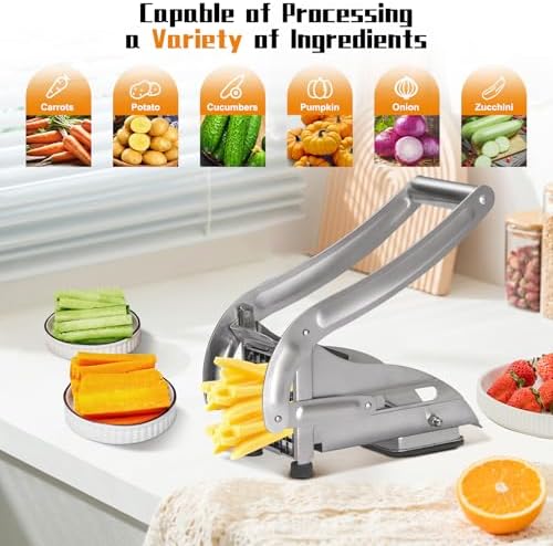 French Fry Cutter, Dishwasher Safe Potato Slicer with 1/2" & 3/8" Blades, Non-Slip Suction Base, Stainless Steel Manual French Fries Cutter for Potato, Carrot, Cucumber and Homemade Fries - Image 5