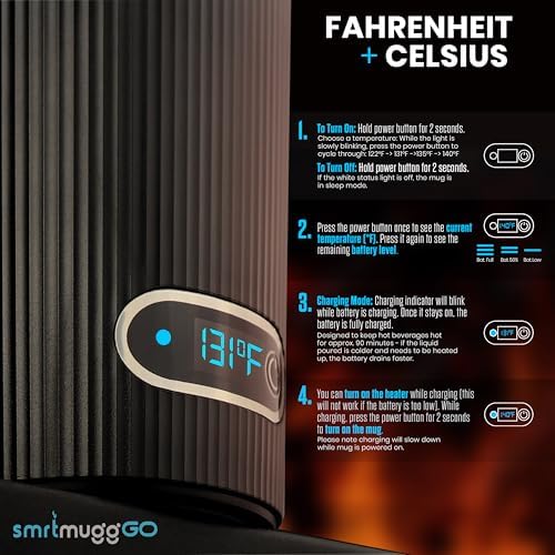 SMRTMUGG GO Heated Coffee Mug, Travel Mug, 13.5 OZ. Smart Mug, Battery Powered Heated Coffee Mug, Great for Coffee and Tea, Snap on Magnetic Charging Cord, Adjustable Temperature (Black) - Image 4