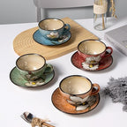 Cappuccino Cups with Saucers Set of 4 – 8oz Ceramic Coffee Cups, Latte Espresso Mugs with Floral Design, Colorful Coffee Cup Set for Cappuccino, Latte, Mocha (4 colors) - Image 2