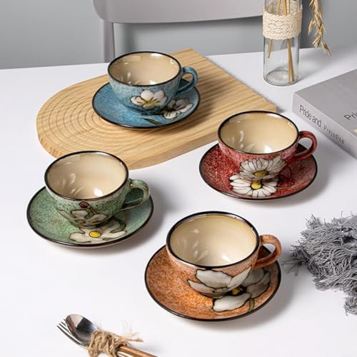 Cappuccino Cups with Saucers Set of 4 – 8oz Ceramic Coffee Cups, Latte Espresso Mugs with Floral Design, Colorful Coffee Cup Set for Cappuccino, Latte, Mocha (4 colors) - Image 2