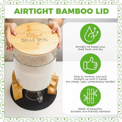 Glass Rice Dispenser 10 lbs, with Airtight Lid & Labels & Slider mat. Make your glass rice container Glass AND Bamboo rice container! Best 5L capacity grain dispenser and rice holder - Image 2