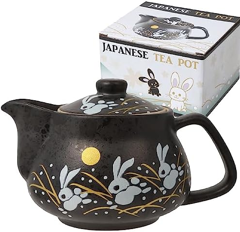 10oz bunny kyusu Rabbit Kutani Yaki(ware) Japanese Teapot with Removable Infuser, Handle Mug Stovetop Safe Tea Kettle, Blooming and Loose Leaf Tea Maker Set(Ceramic, Rabbit Black) by HAKONE+YOSEGI