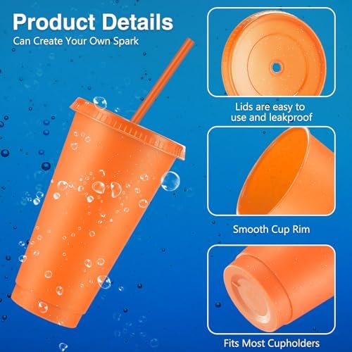 Amyhill 24 Pcs 24 oz Reusable Cups with Lids and Straws, Fluorescent Orange - Image 3