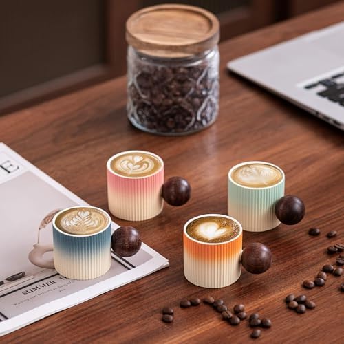 Ceramic Mini Espresso Cups Demitasse Cups with Round Wooden Handle Vertical Stripes Tea Cups (Beige&Blue, 4pcs) - Image 3