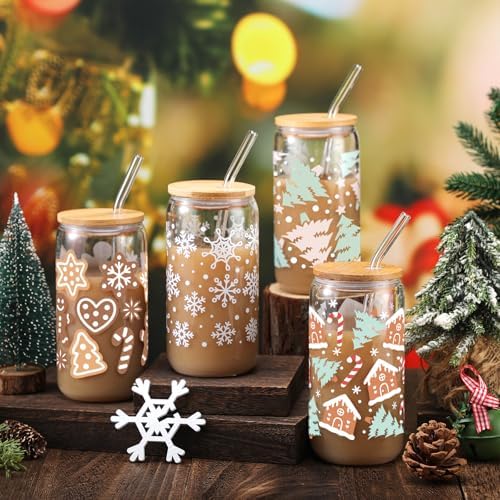 SiliFine 4 Pcs Christmas Glass Cups with Lids and Straws 16 oz - Image 2