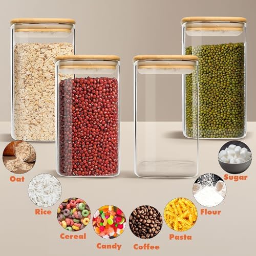 Glass Storage Containers with Airtight Bamboo Lids Set of 3,Pantry Food Glass Jar with Lid,Perfect for Kitchen Organization-Flour,Rice,Pasta,Sugar,Coffee Beans,Accessories Included (3 packs(68oz)) - Image 3